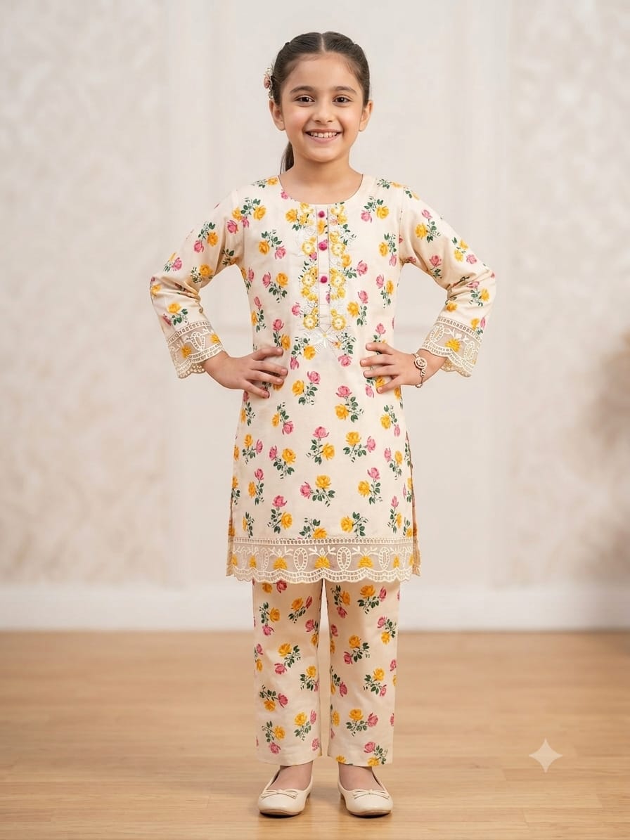 floral print embroidered 2 piece