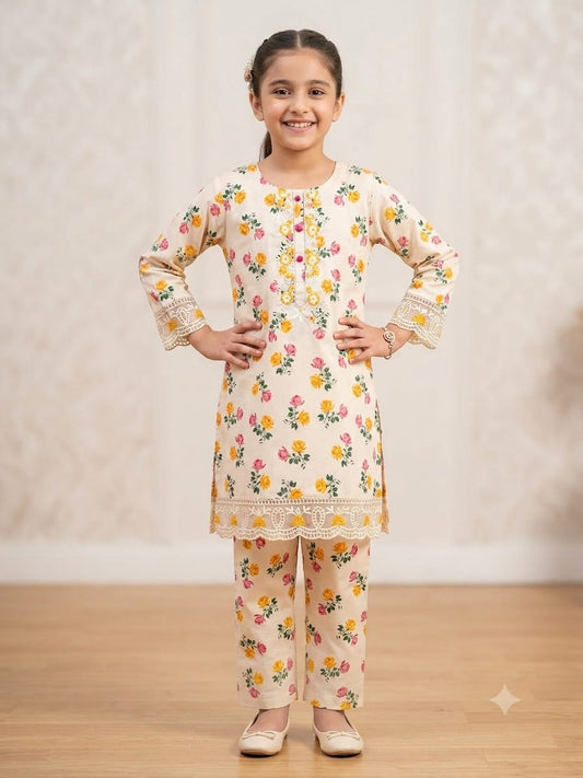floral print embroidered 2 piece